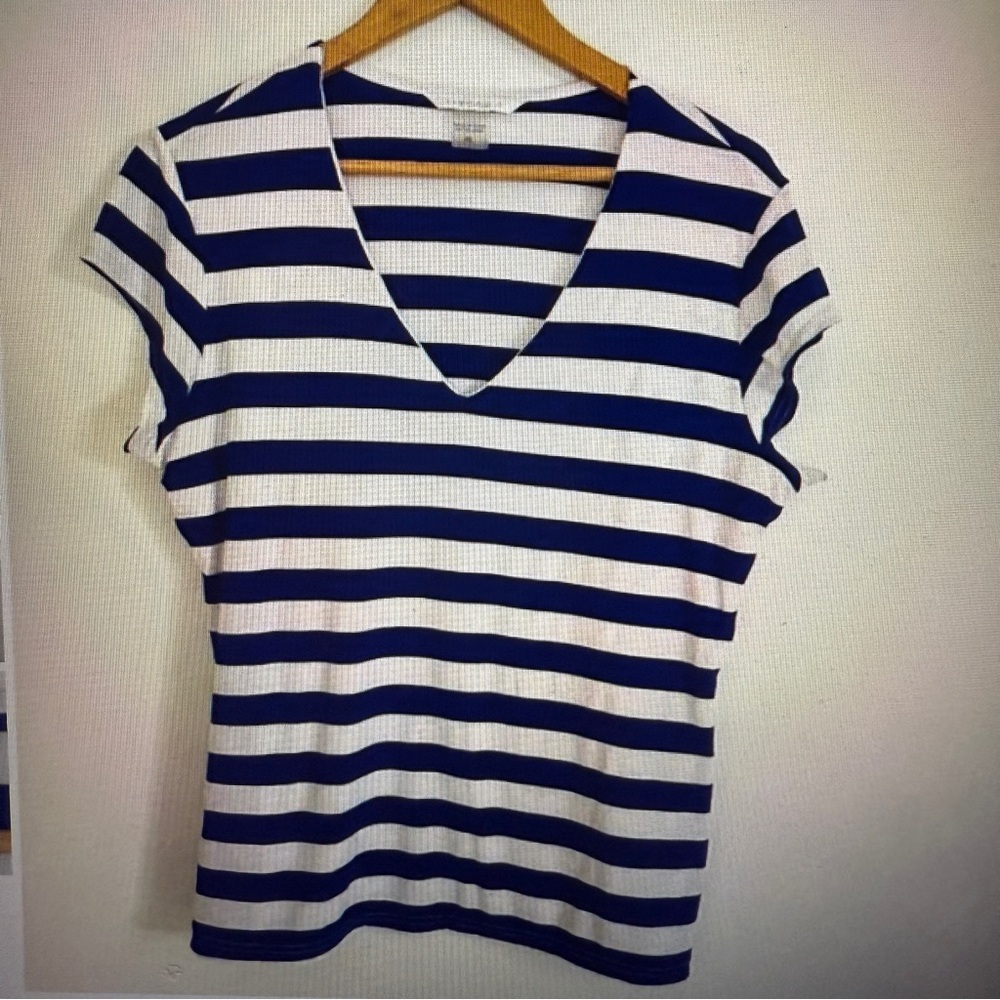 Nygard Woman Blue Striped V Neck Short Sleeve Stretch Pullover T Shirt Size XL